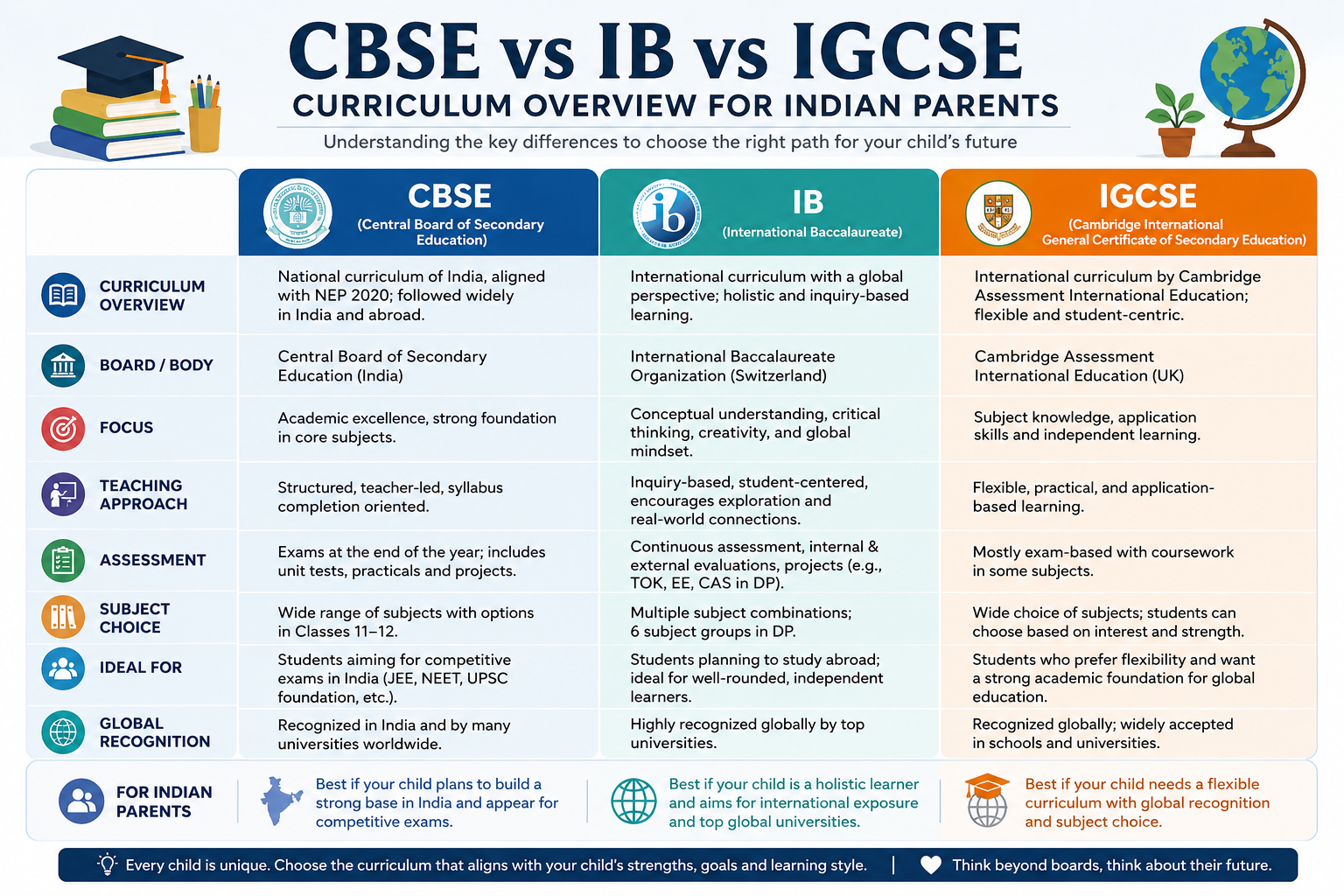 CBSE vs IB vs IGCSE curriculum comparison chart for Indian parents 2026