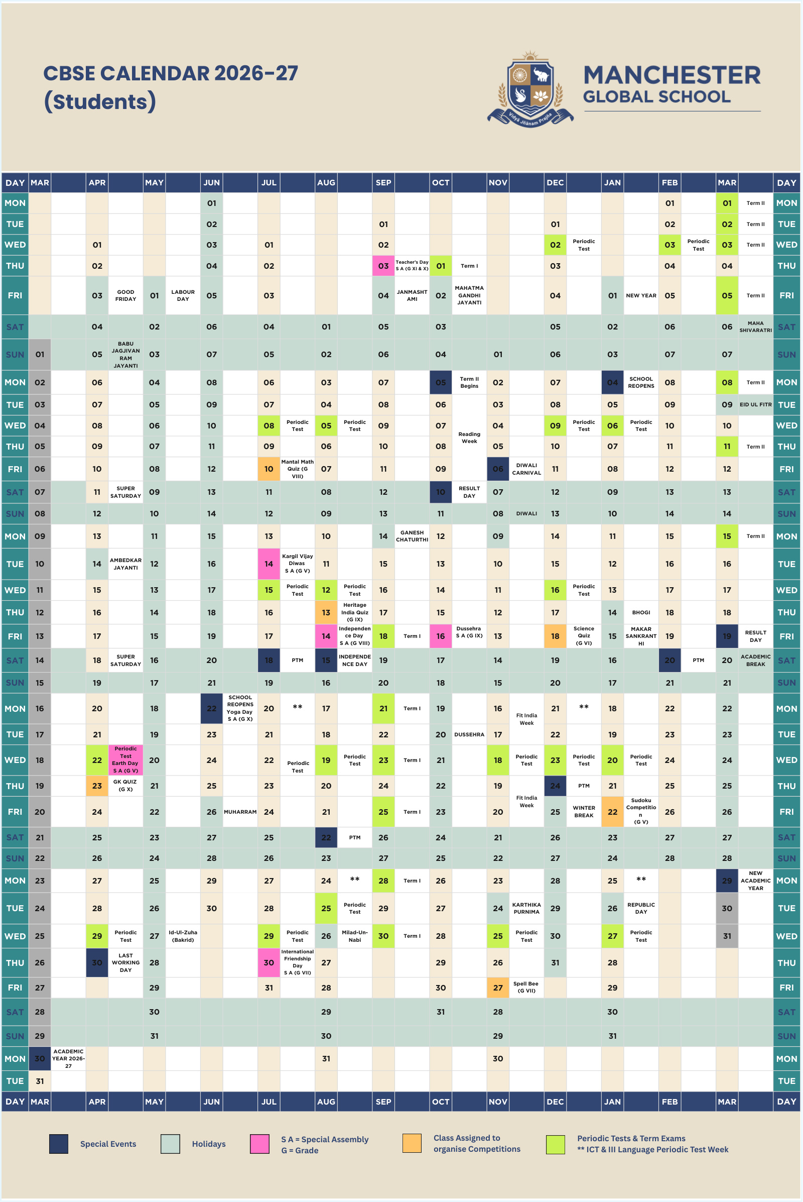 CBSE Calendar 2026-2027