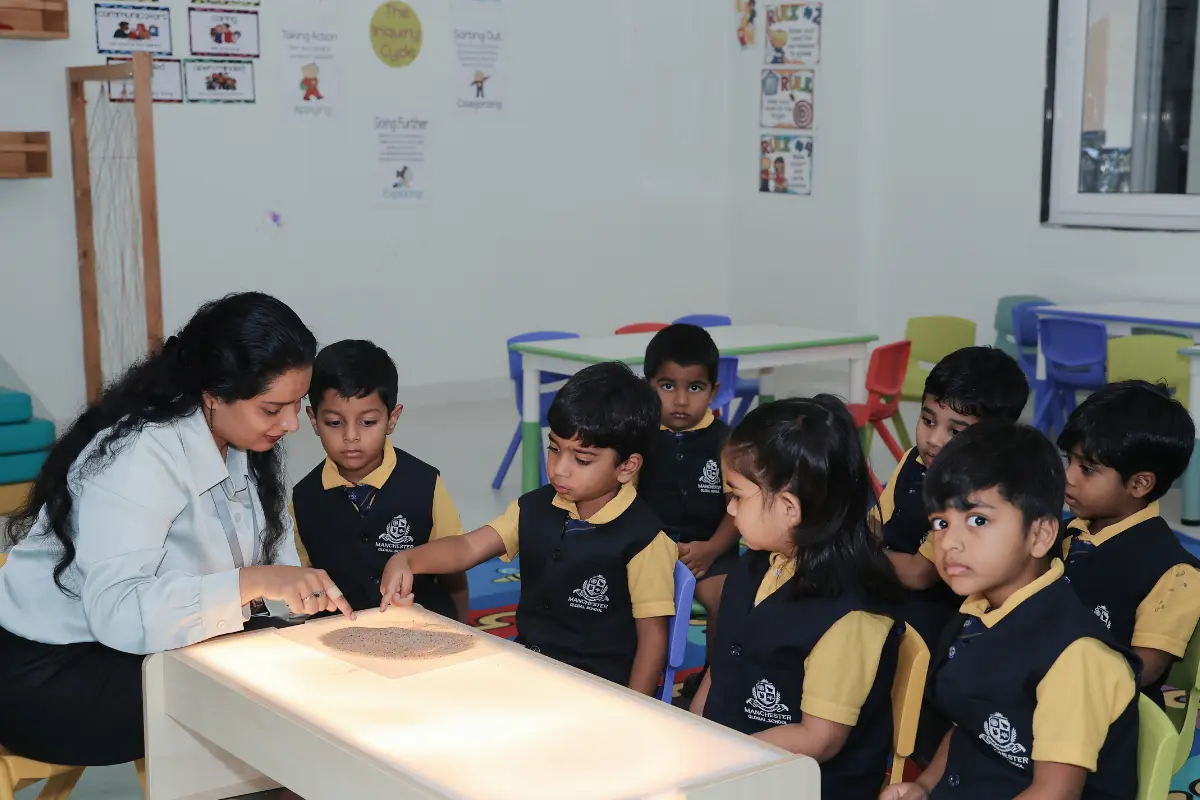 Children having their group studies under faculty guidance